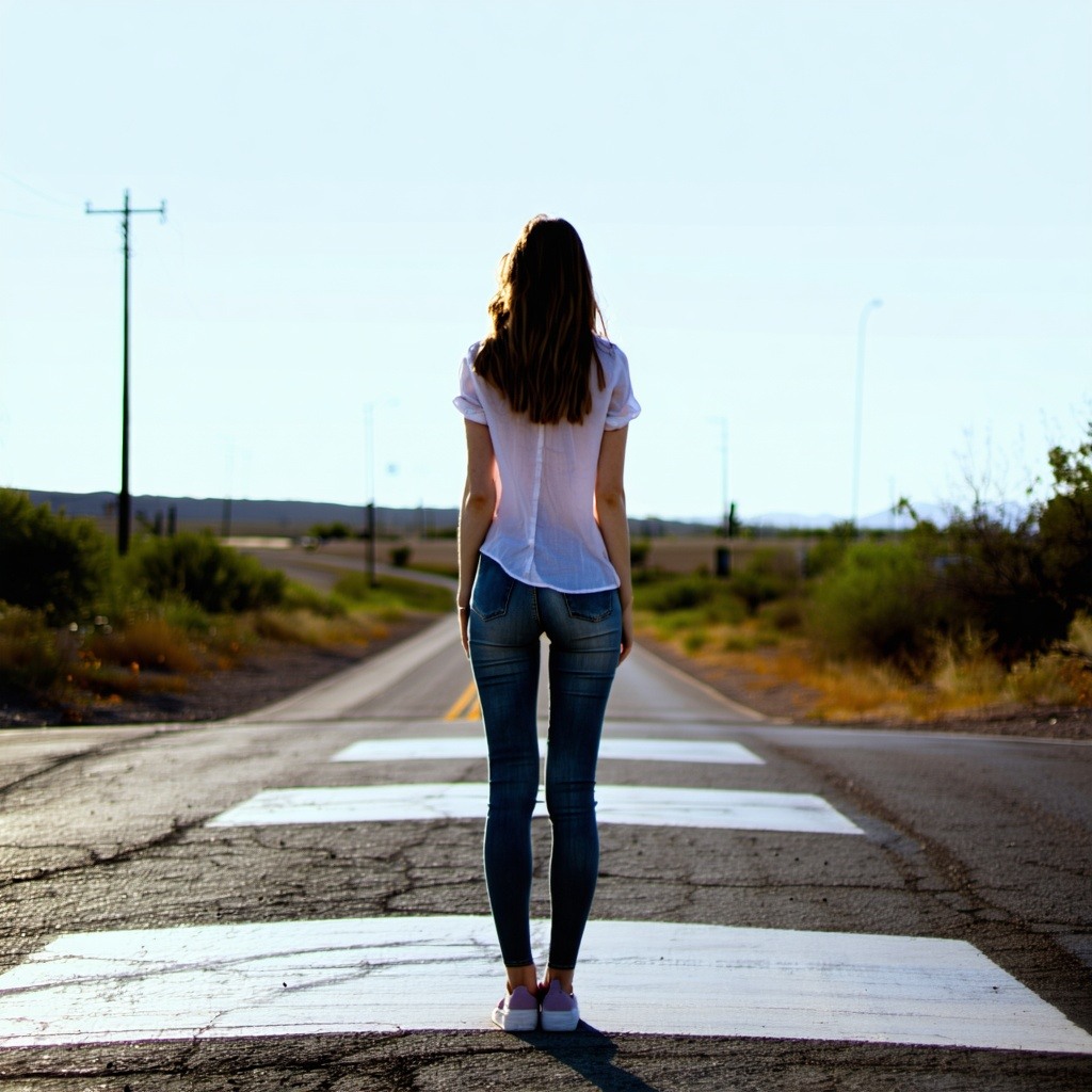 A woman standing at a crossroads with her back to the viewer