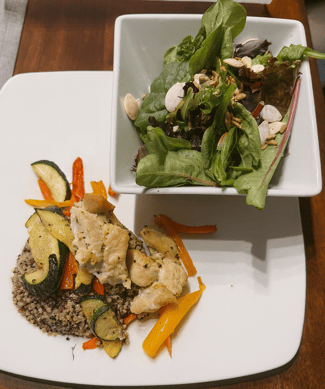Chicken Souvláki with Herbed roasted veggies and Quinoa and salad-1