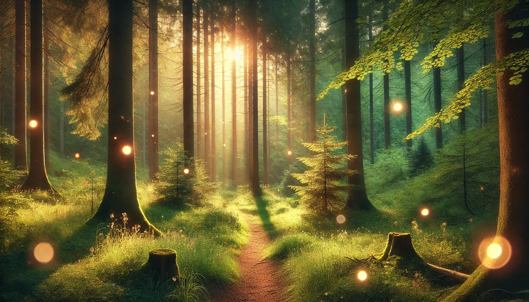 DALL·E 2025-04-13 14.50.16 - A tranquil, photo-style image of a summer solstice retreat setting deep in the woods. The forest is bathed in warm golden-hour sunlight, filtering thr